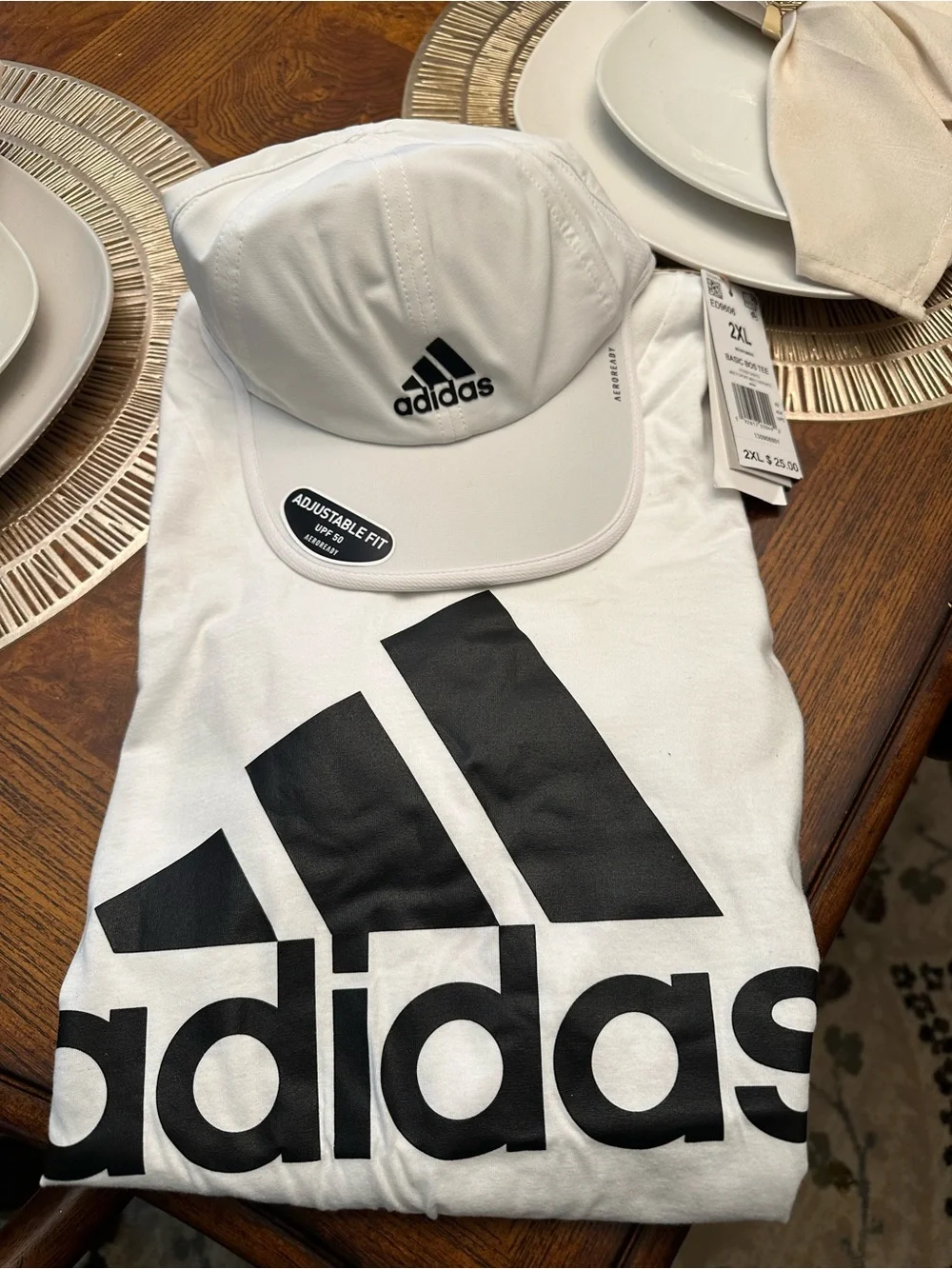 adidas White and Black Logo Tee with White adidas Cap